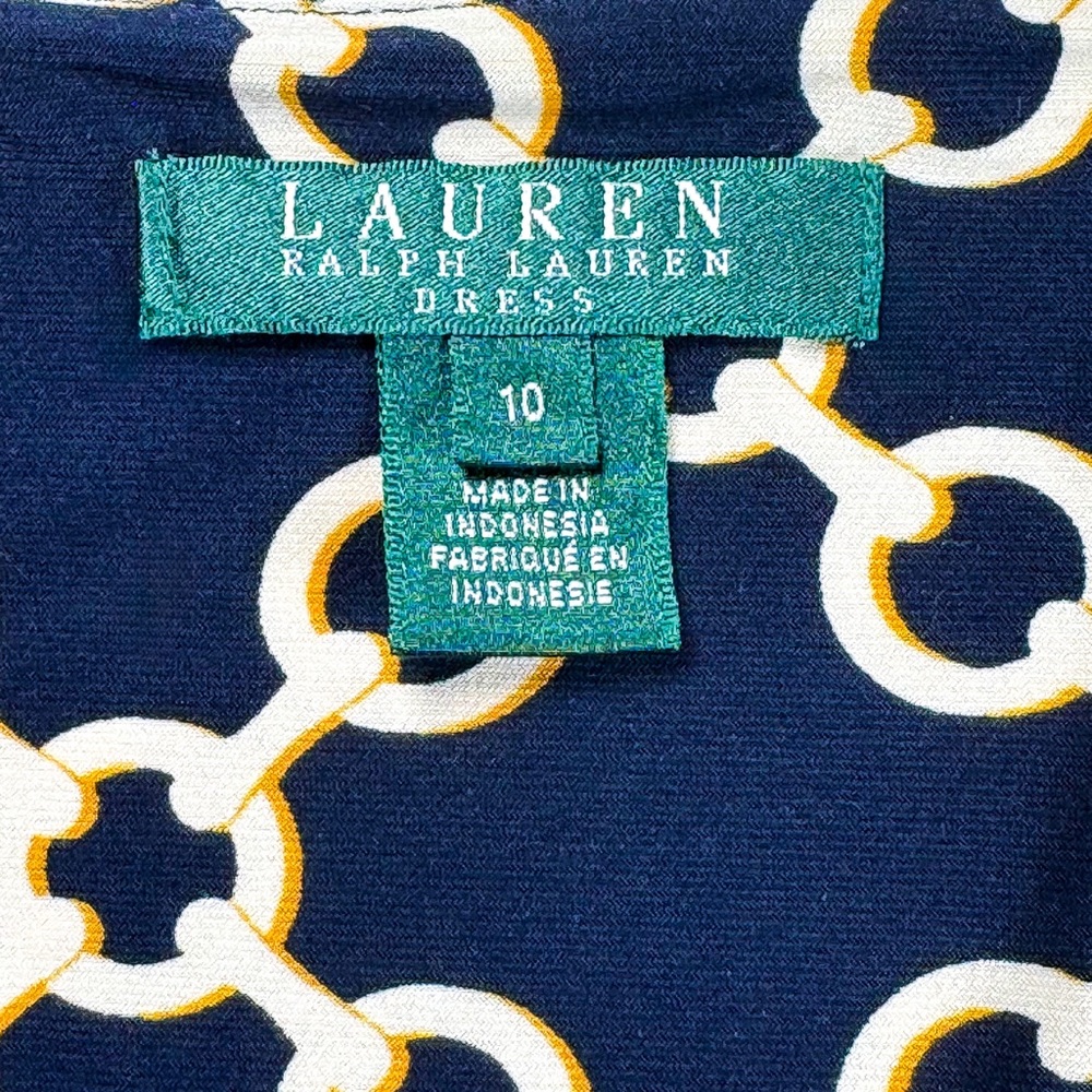 Lauren Ralph Lauren Wrap Dress Navy Blue Gold Chains 10 Classic Preppy Stretch - Picture 6 of 12